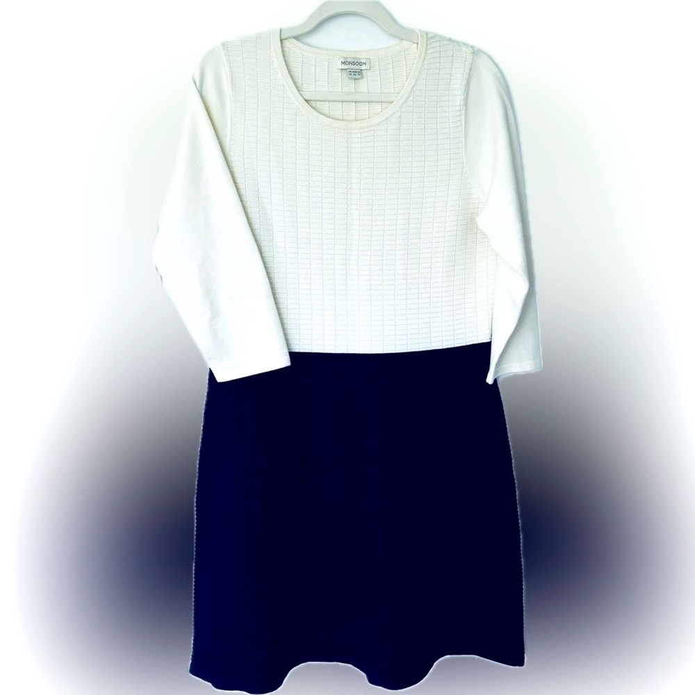 Elegant White and Blue Sweater Dress